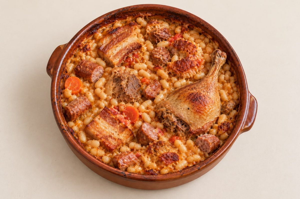An earthenware dish of cassoulet with white beans, a duck leg, sausage and pork belly under a browned crust.