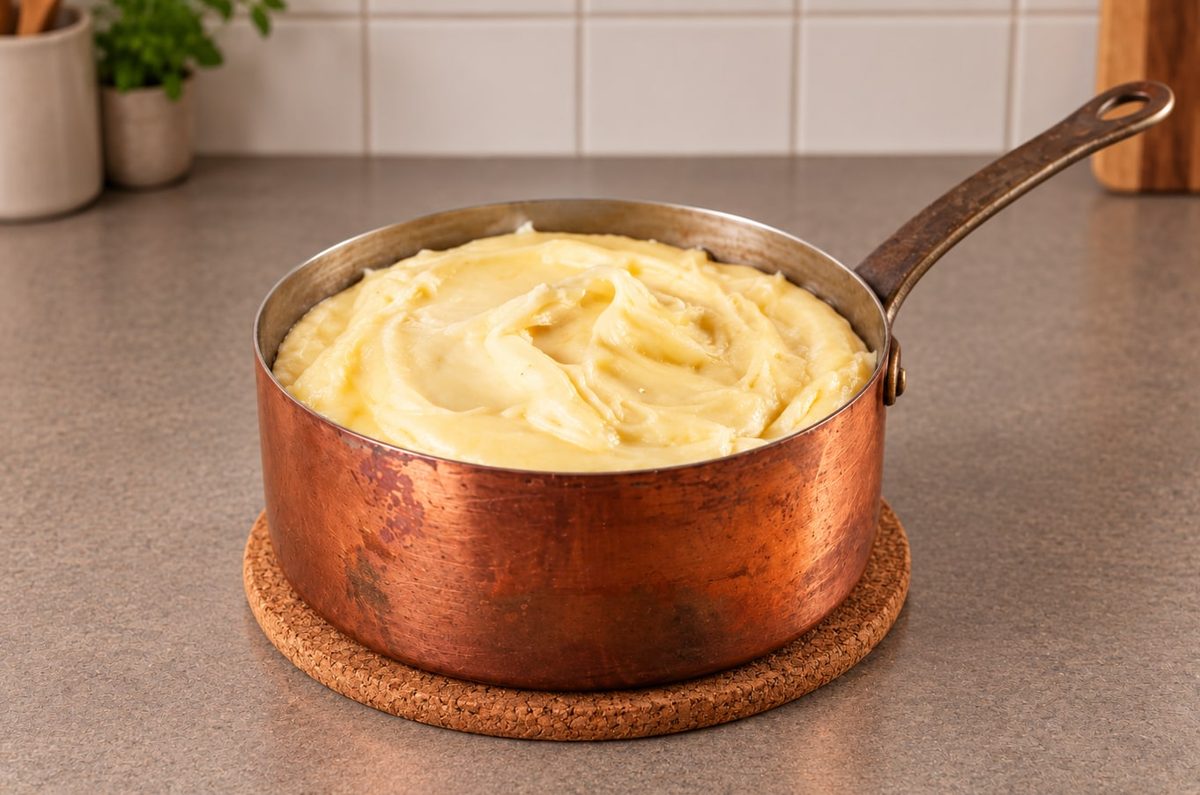 A copper saucepan of smooth, stretchy aligot on a cork trivet on a kitchen counter.