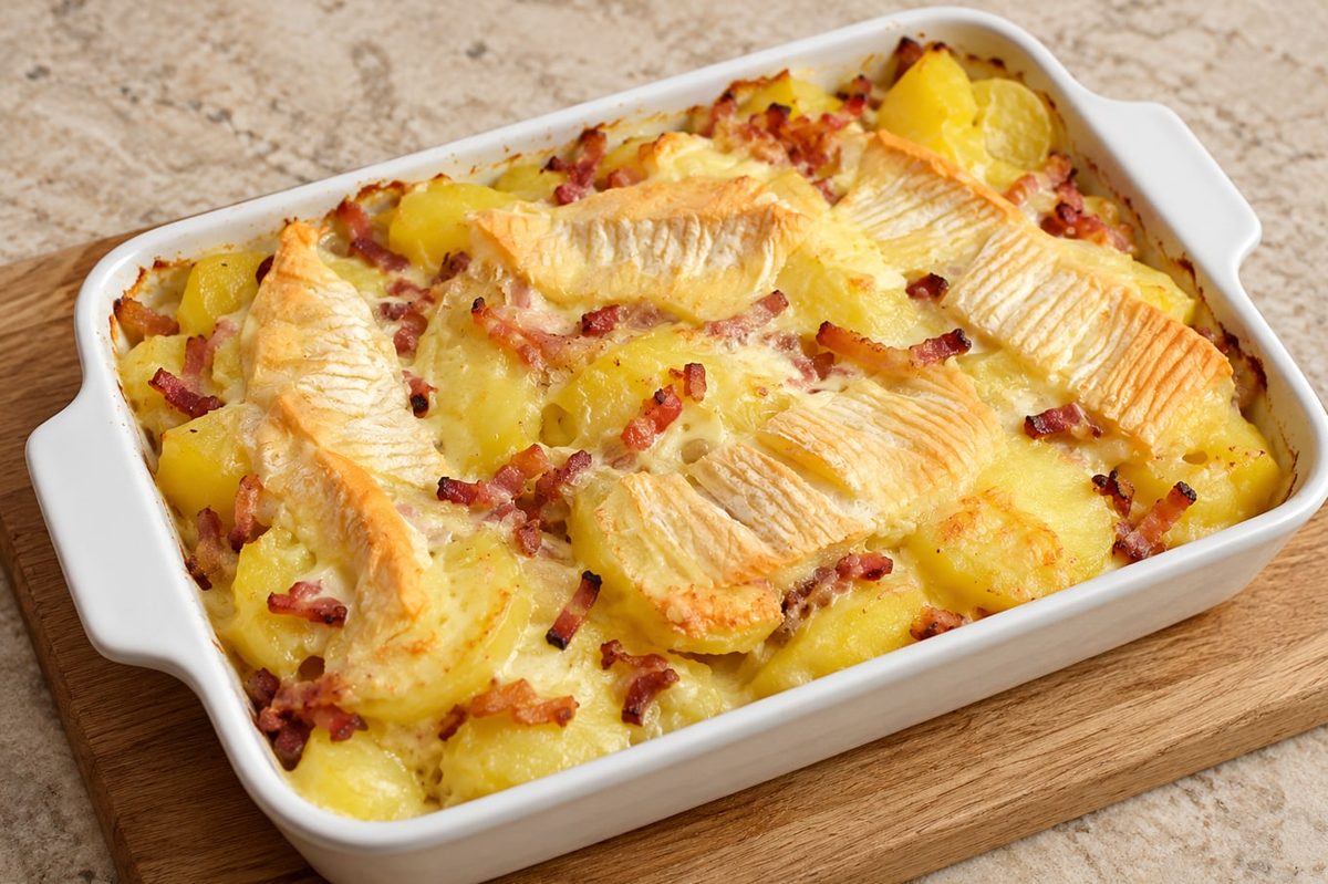 Tartiflette in a white baking dish: potatoes and bacon under melted, browned slices of reblochon.