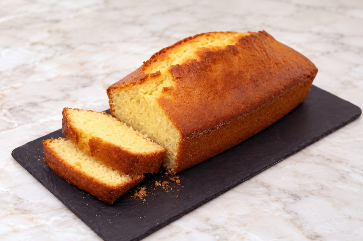 A golden yogurt loaf cake on a slate board, with two slices cut from one end.