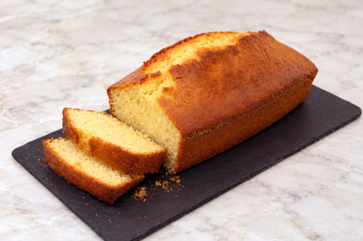 A golden yogurt loaf cake on a slate board, with two slices cut from one end.