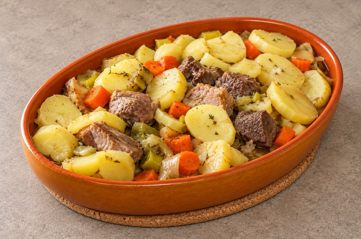 An oval terracotta dish of baeckeoffe with sliced potatoes, chunks of meat, carrots and leeks.