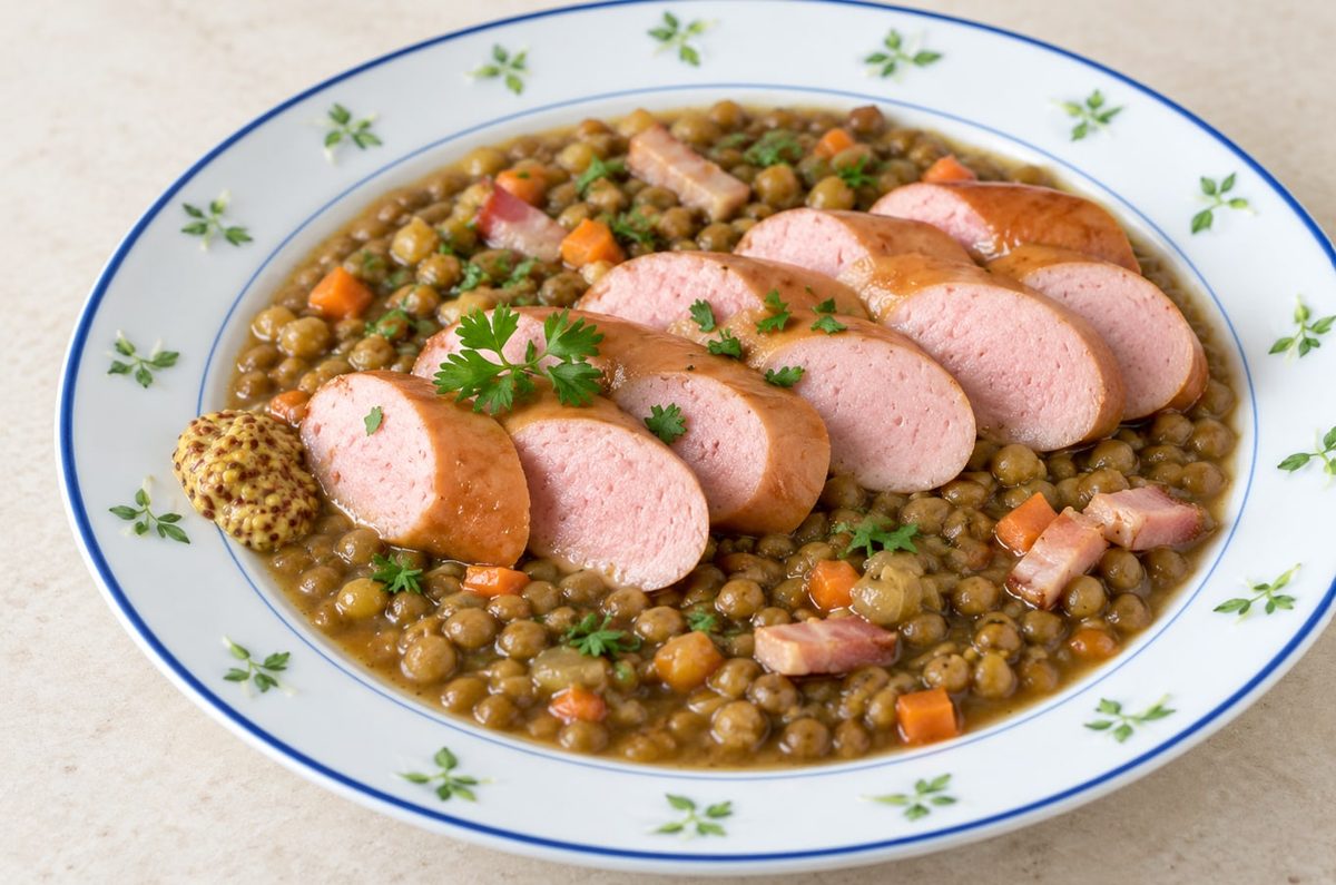 Sliced smoked sausage on green lentils with carrots and bacon, parsley and a spoon of grainy mustard.