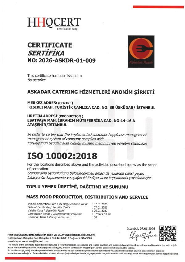 ASKADAR Catering ISO 10002:2018 müşteri memnuniyeti yönetim sistemi sertifikası