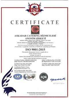 ASKADAR Catering ISO 9001:2015 kalite yönetim sistemi sertifikası