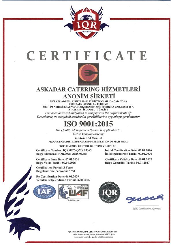 ASKADAR Catering ISO 9001:2015 kalite yönetim sistemi sertifikası
