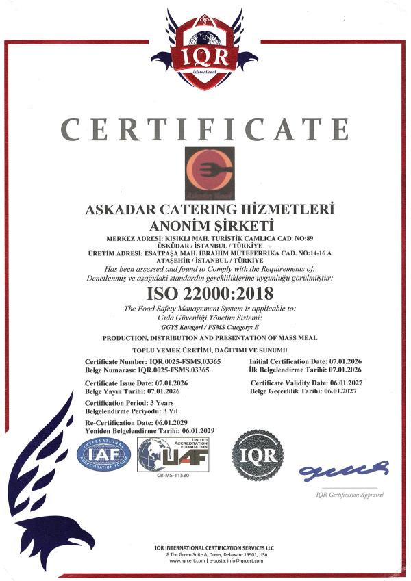 ASKADAR Catering ISO 22000:2018 gıda güvenliği yönetim sistemi sertifikası