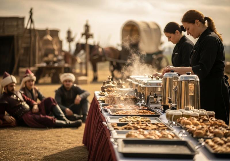 Dönem dizisi platosunda kostümlü oyuncuların yanında catering masası