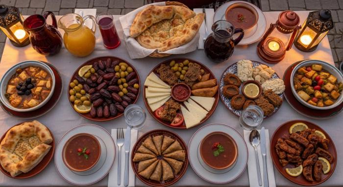 Hurma, pide ve güllaçla kurulmuş geleneksel iftar sofrası
