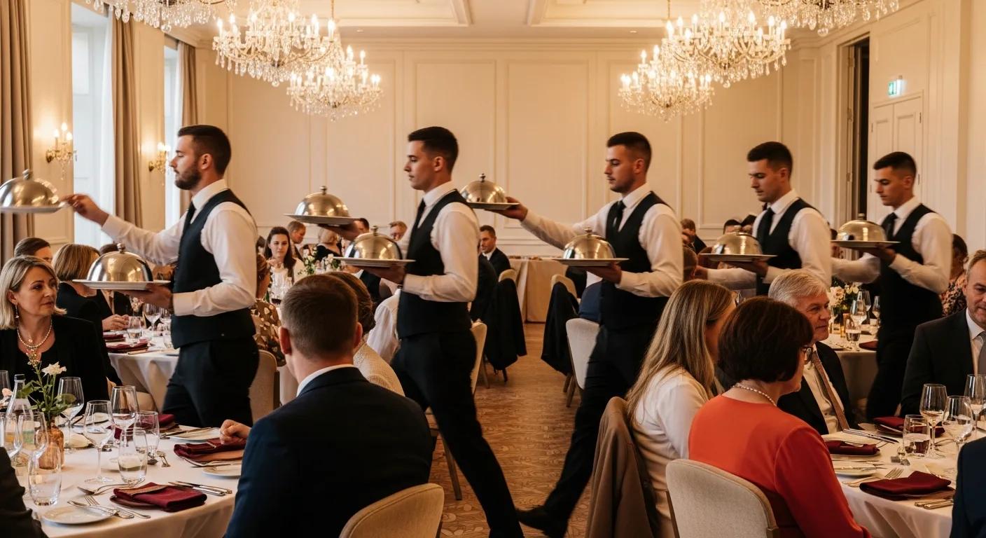 Düğün salonunda uyum içinde servis yapan garson ekibi