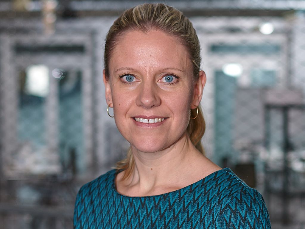 Preview of: Smilende kvinde med opsat blondt hår og blåmønstret bluse