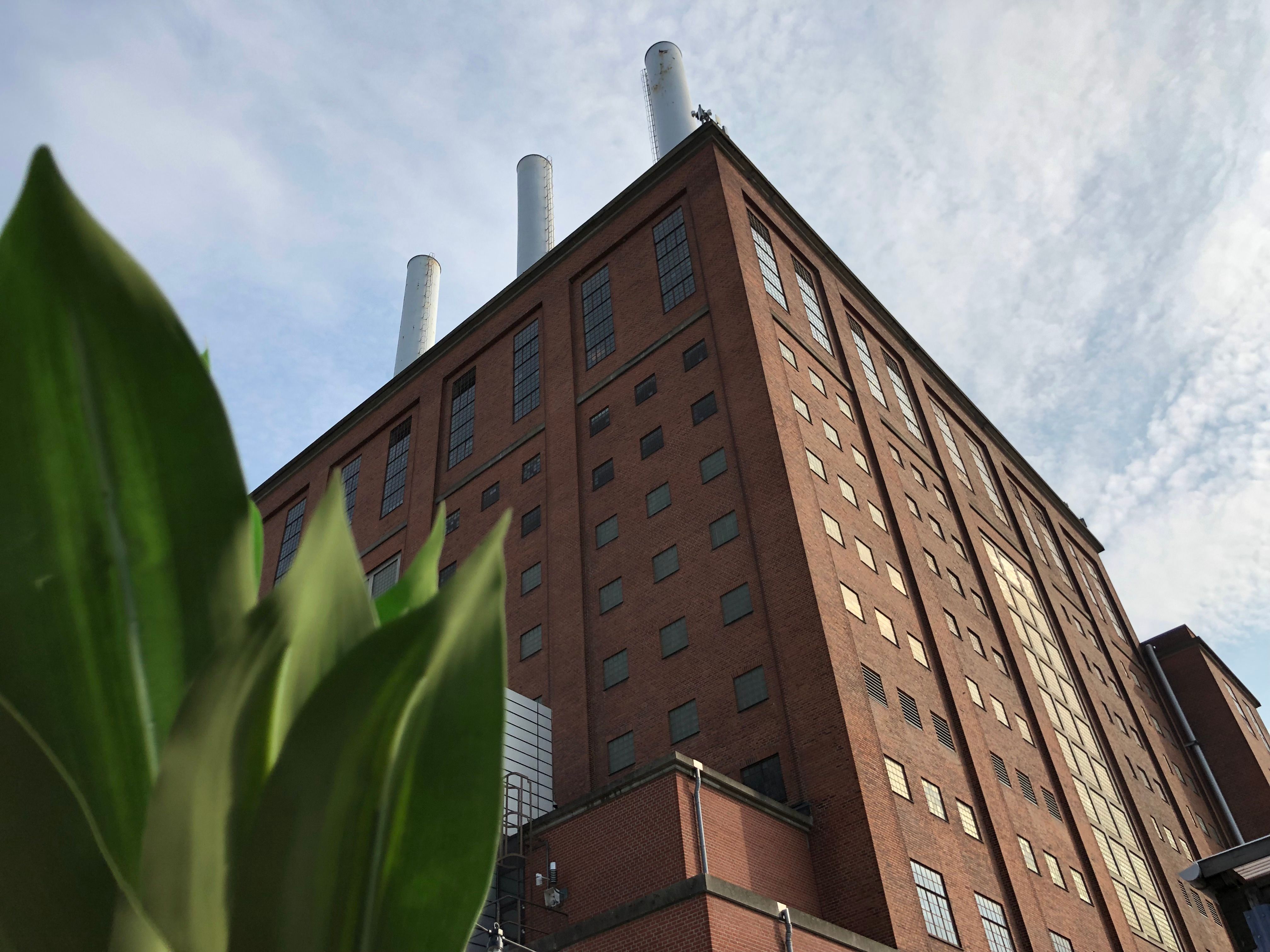 Preview of: Høj industribygning i røde mursten med skorstene og grønne blade i forgrunden
