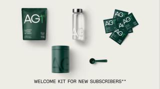 Welcome kit for new subscribers. AG1 pouch, bottle, container, scoop and travel packs.