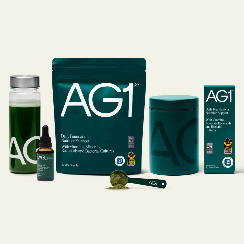 AG1 Next Gen daily foundation: pouch, canister, scoop and D3+K2 drops
