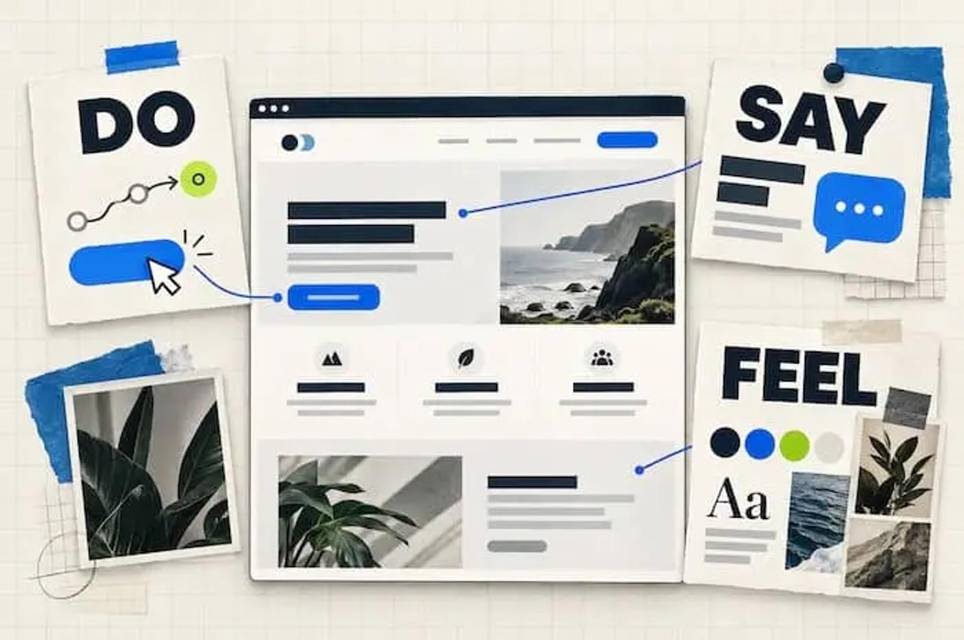 A cover image for the blog post featuring a do, say, and feel command, and a mock website screenshot