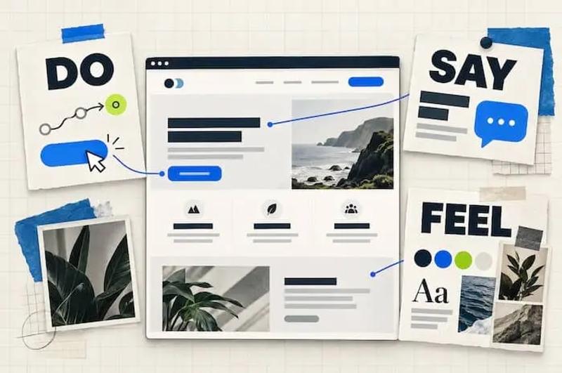 A cover image for the blog post featuring a do, say, and feel command, and a mock website screenshot