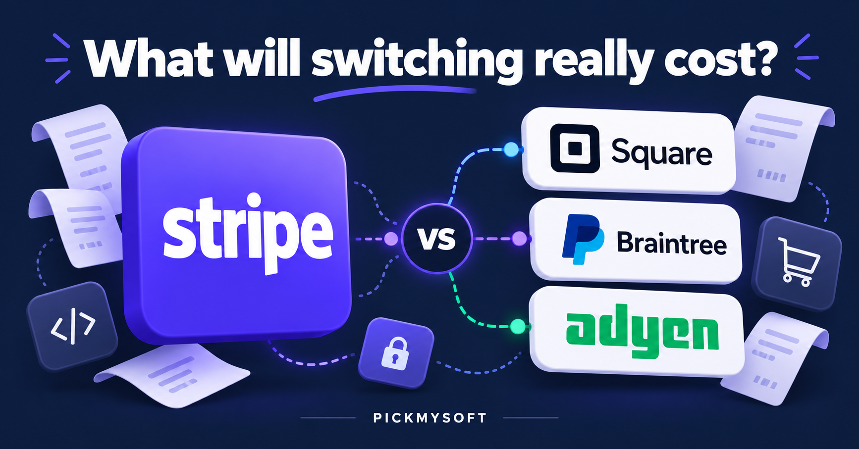 Stripe tile facing Square, PayPal Braintree and Adyen tiles, surrounded by receipts and checkout symbols.