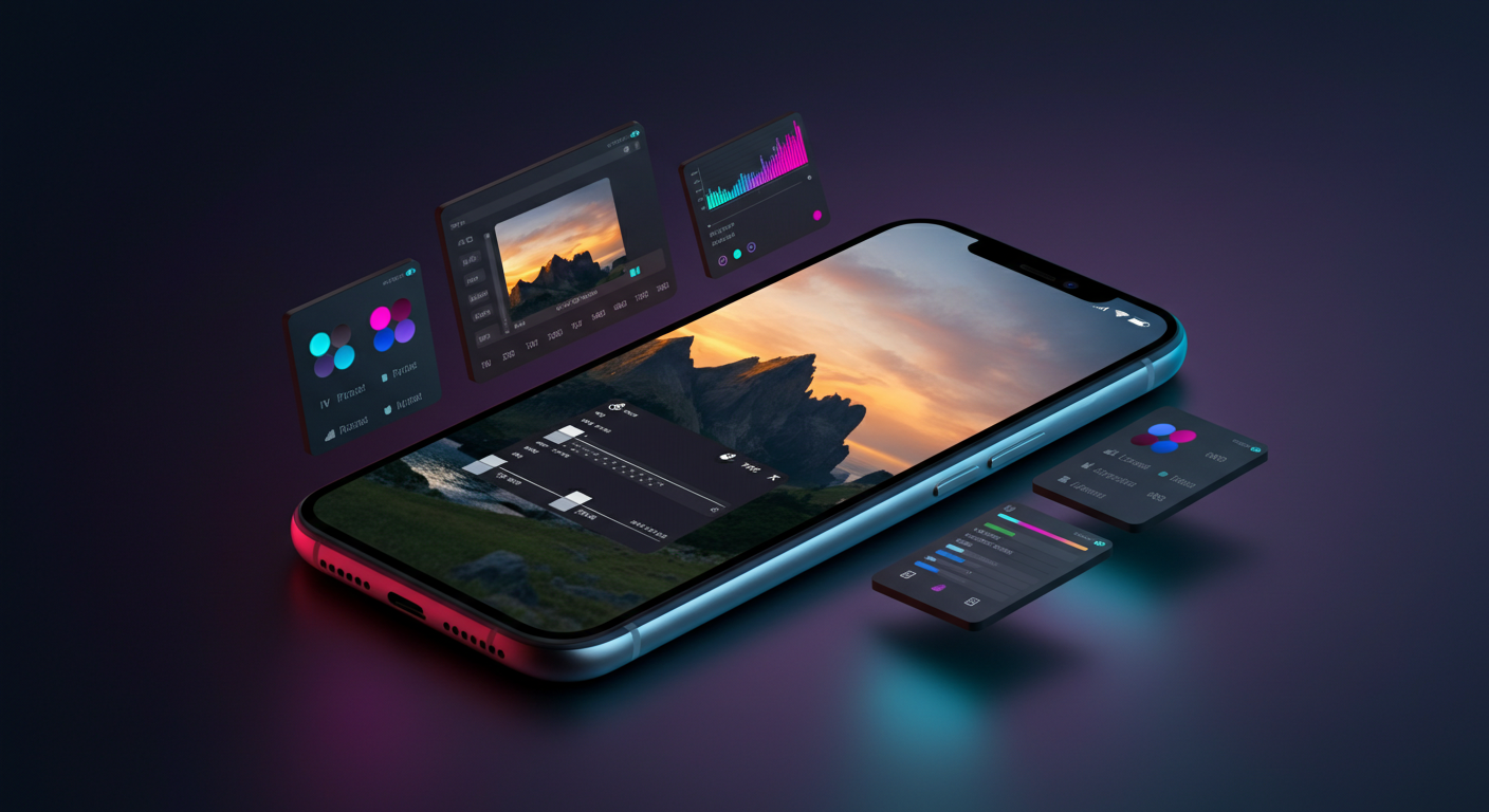 Best photo editing apps in 2026 — smartphone with editing UI overlays showing sliders, curves, and color wheels