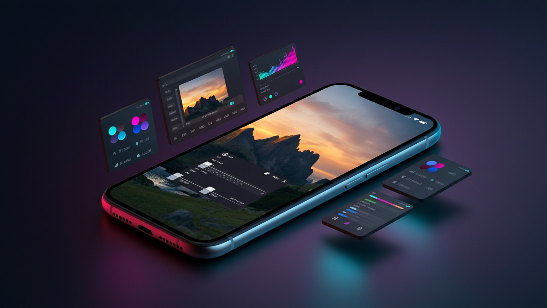 Best photo editing apps in 2026 — smartphone with editing UI overlays showing sliders, curves, and color wheels