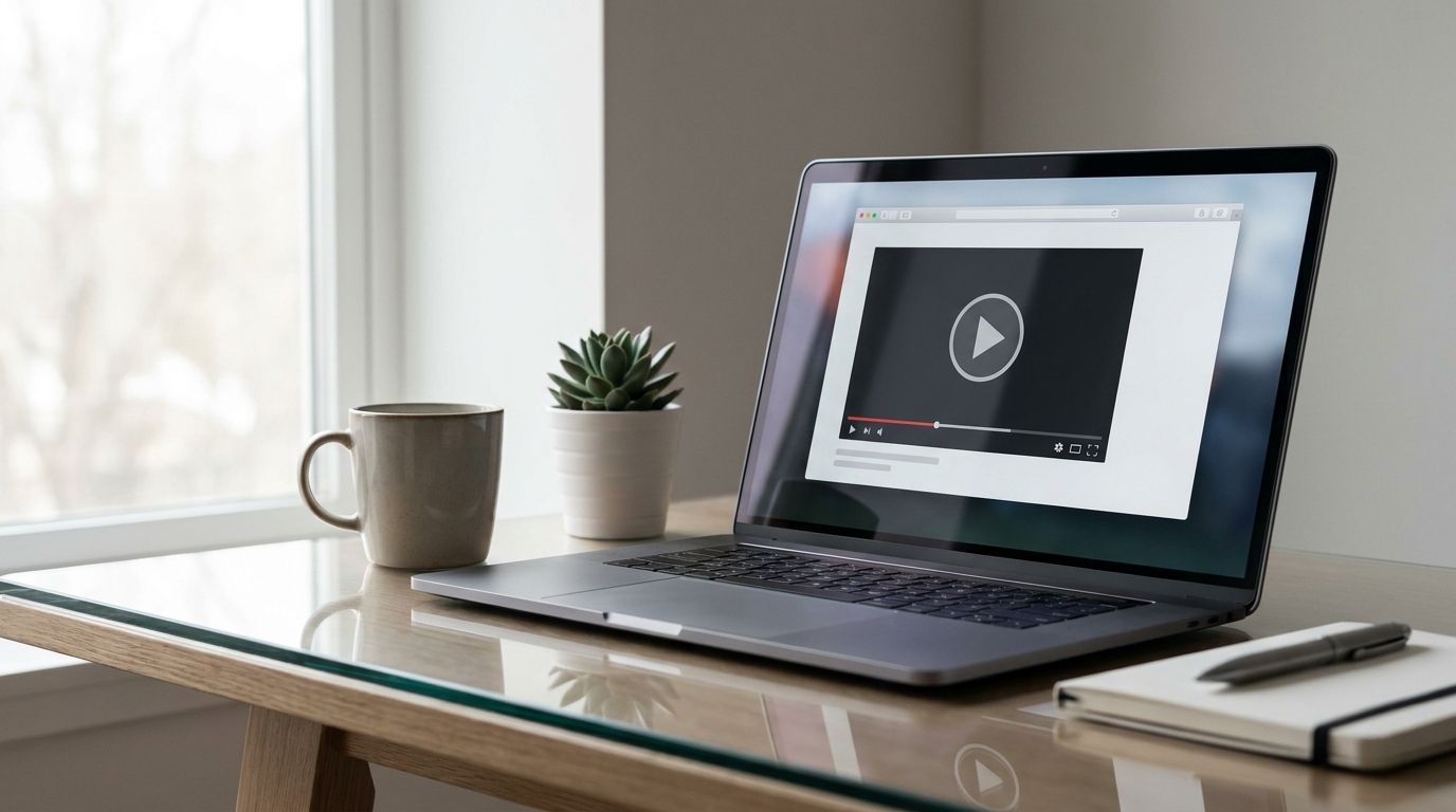 Laptop showing a video player used for cloud software as a service and online video hosting