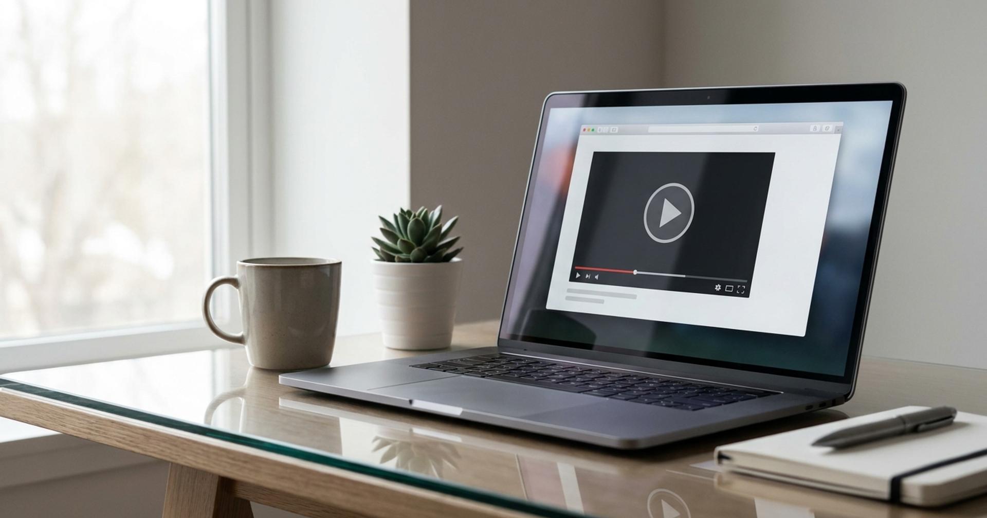 Laptop on a desk showing a video player used for online video hosting