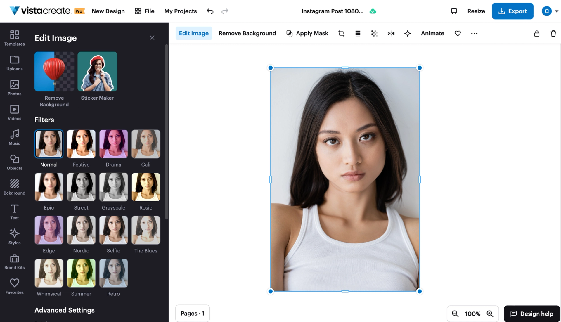 VistaCreate editor with image editing controls above the design canvas