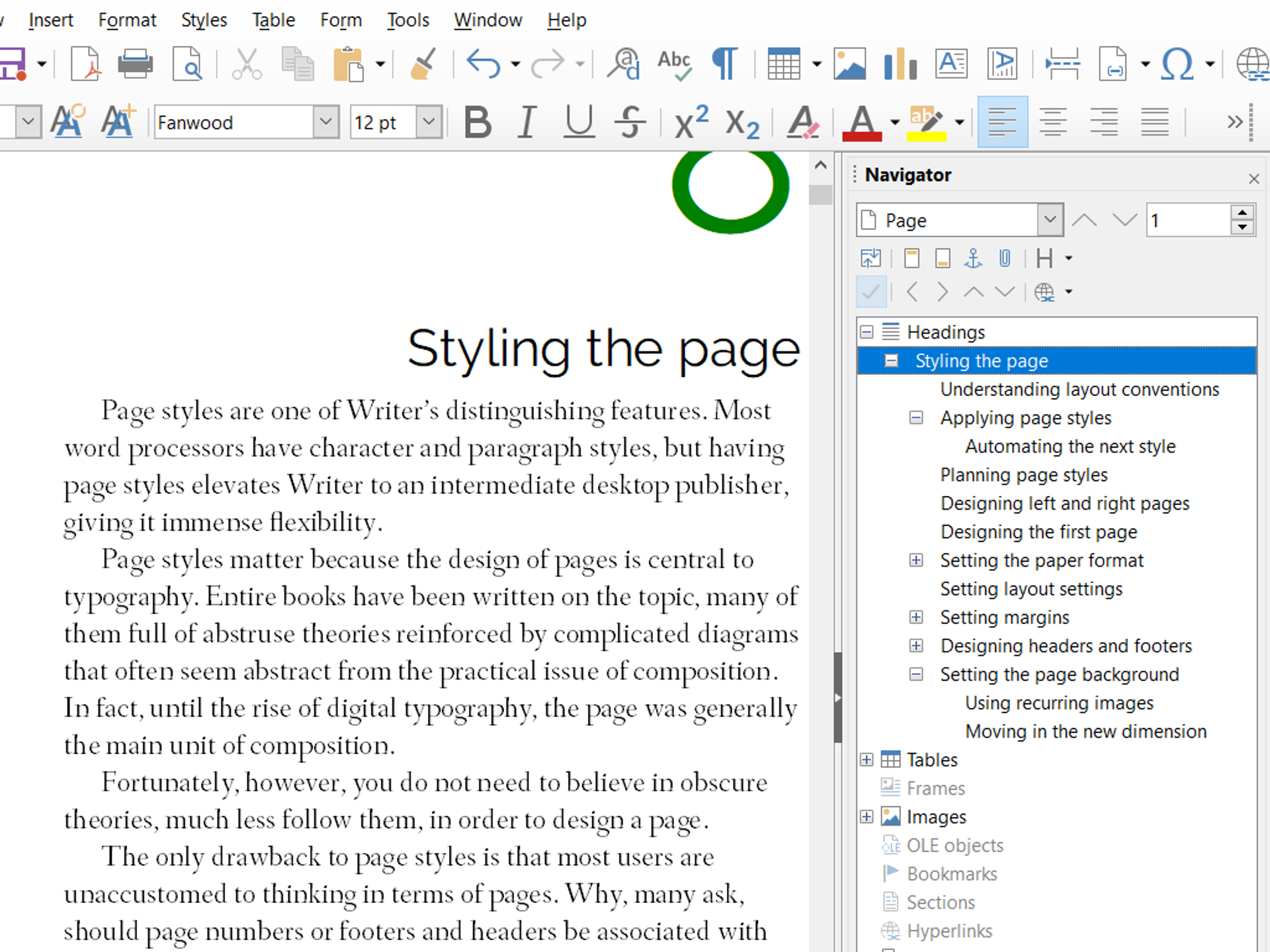 LibreOffice Writer interface showing a formatted document