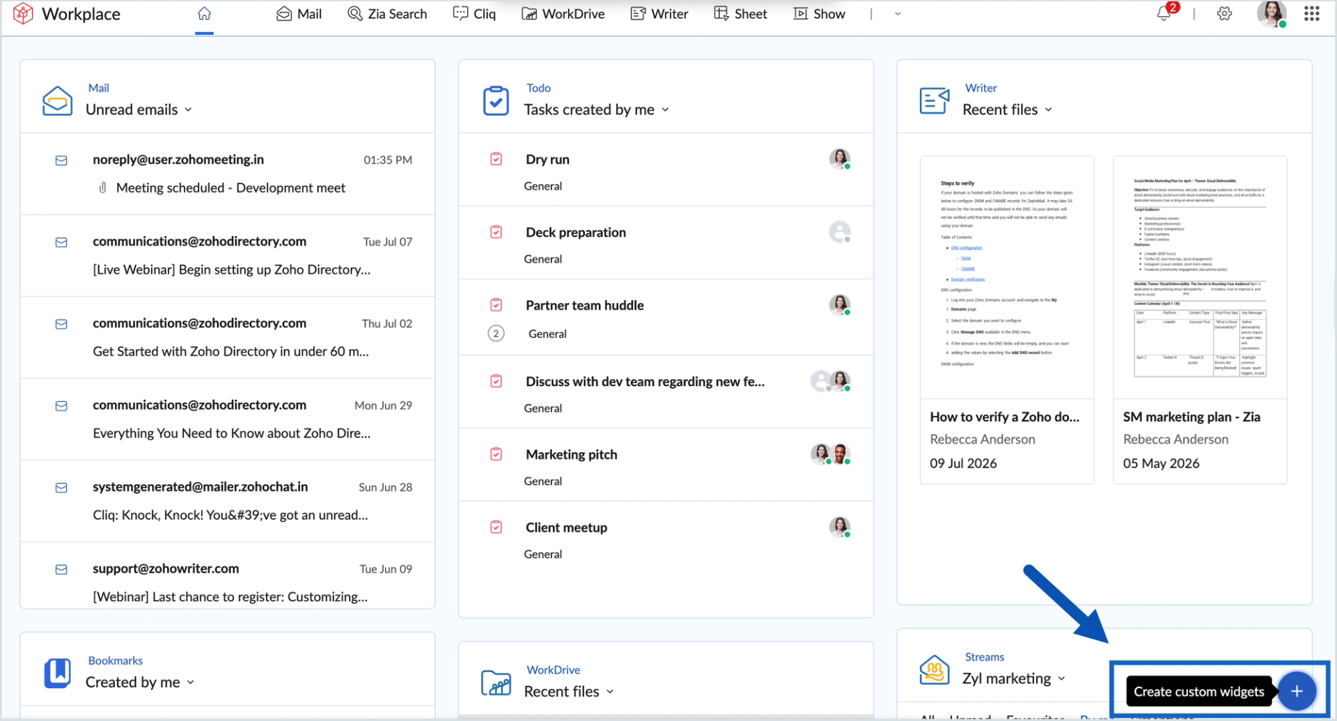 Zoho Workplace dashboard with application widgets and widget customization controls