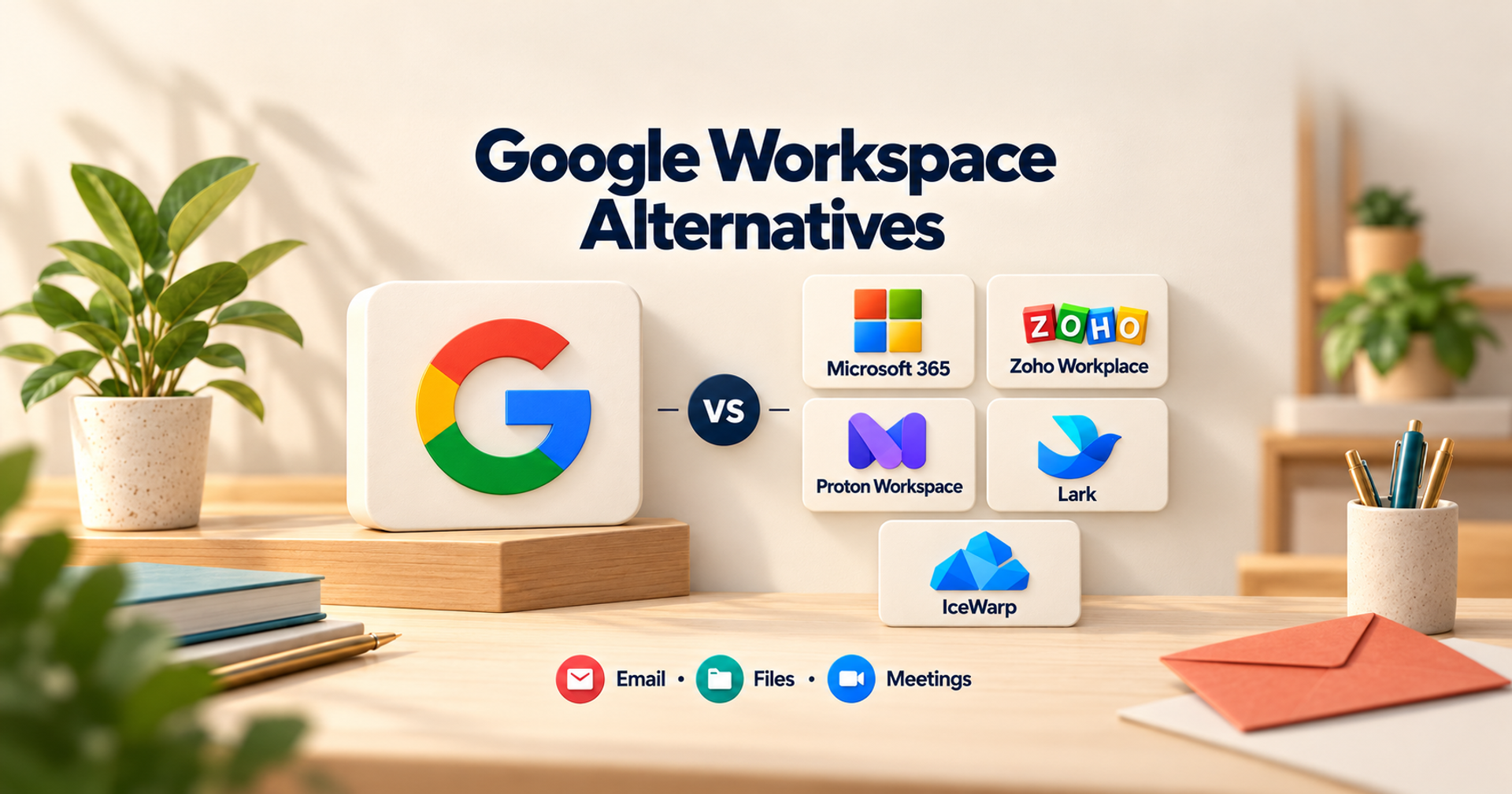 Google G tile facing five labeled tiles for Microsoft 365, Zoho Workplace, Proton Workspace, Lark and IceWarp above email, files and meetings symbols.