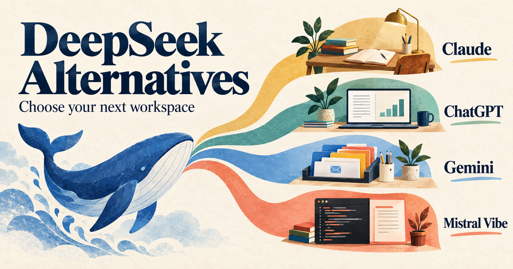Illustrated blue whale with four coloured paths to workspaces labelled Claude, ChatGPT, Gemini and Mistral Vibe.