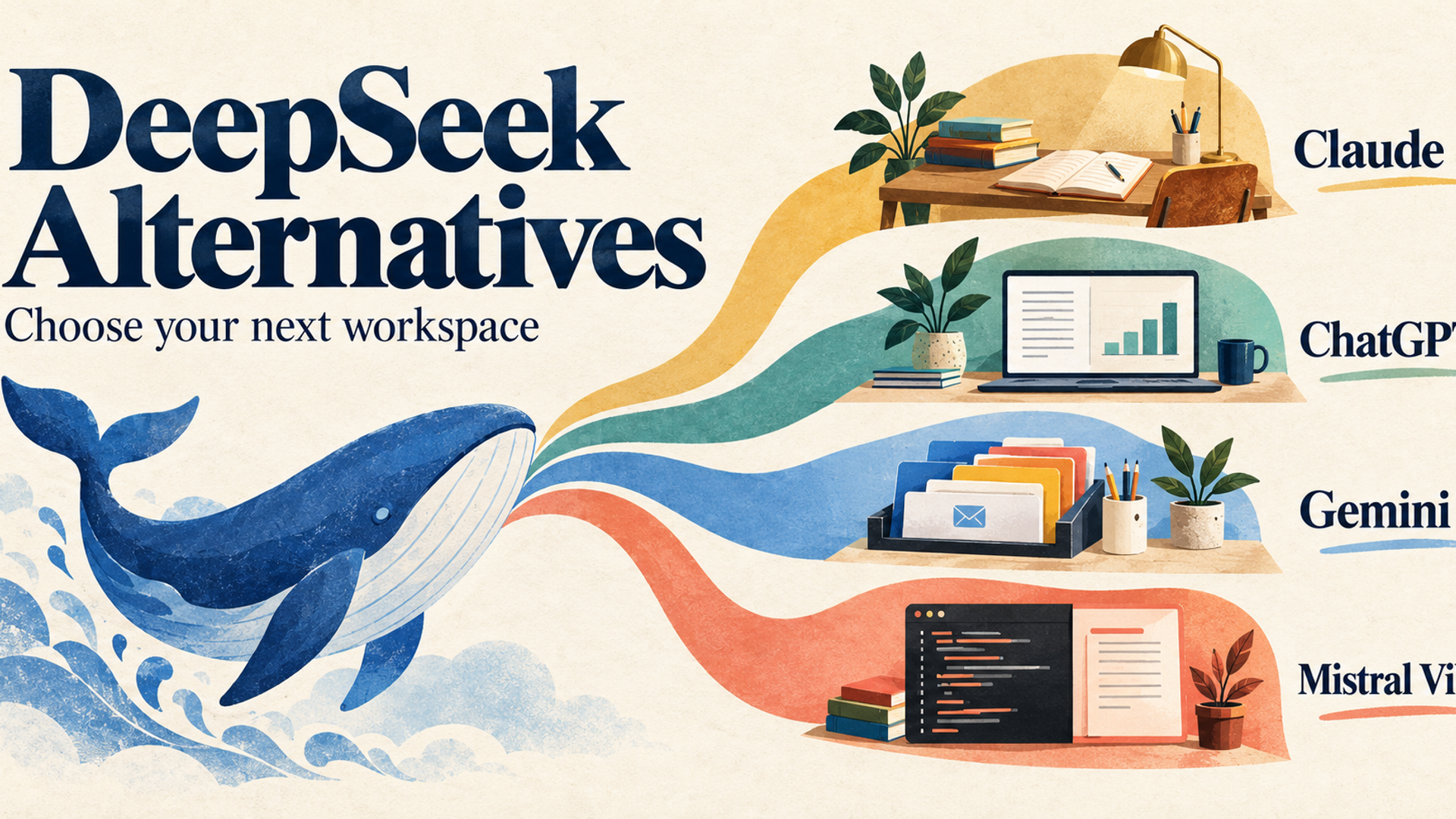 Illustrated blue whale with four coloured paths to workspaces labelled Claude, ChatGPT, Gemini and Mistral Vibe.