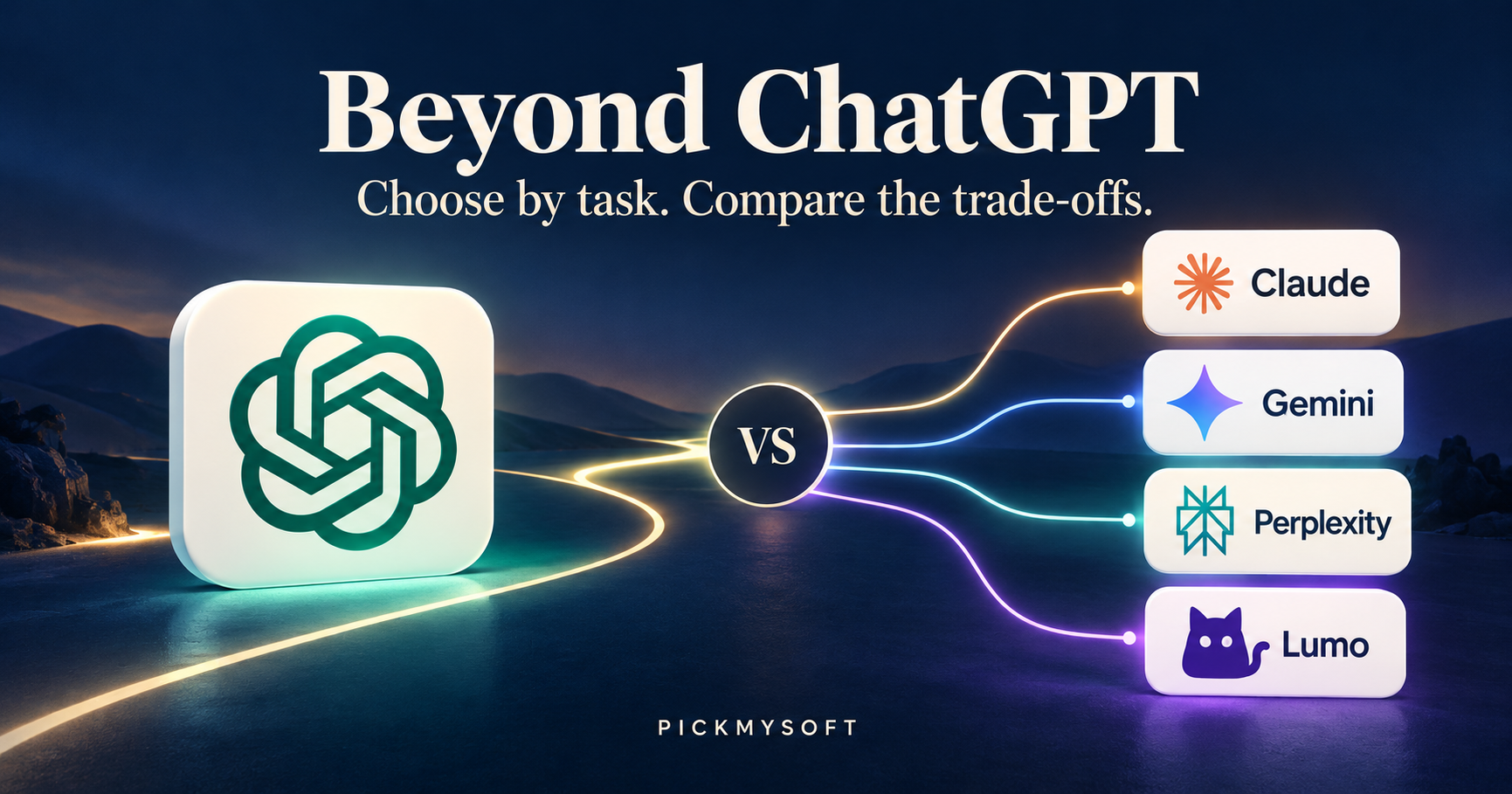 ChatGPT icon facing Claude, Gemini, Perplexity and Lumo tiles with illuminated paths in an editorial comparison illustration.