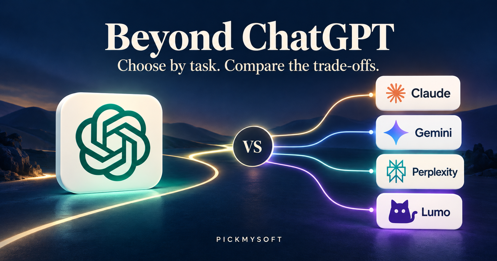 ChatGPT icon facing Claude, Gemini, Perplexity and Lumo tiles with illuminated paths in an editorial comparison illustration.