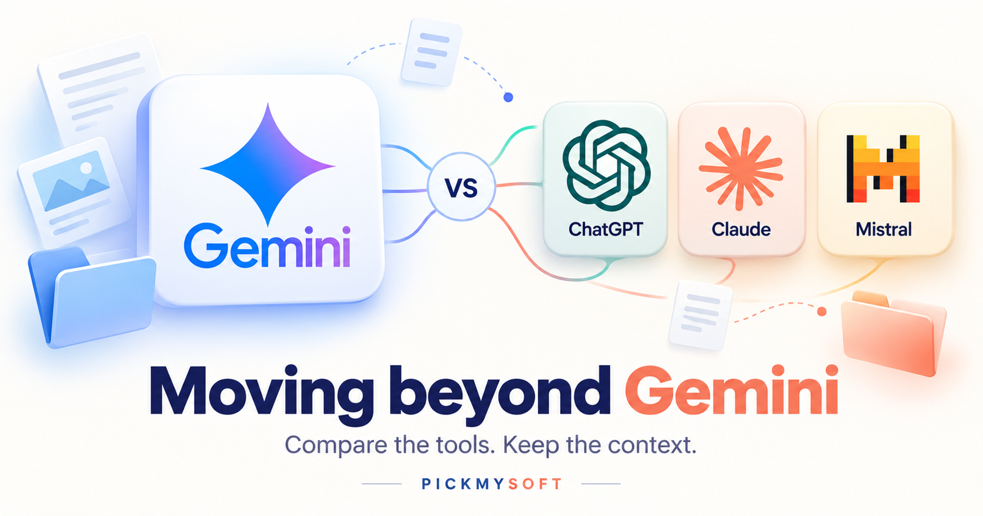 Gemini icon facing ChatGPT, Claude and Mistral icon tiles with document and folder illustrations.
