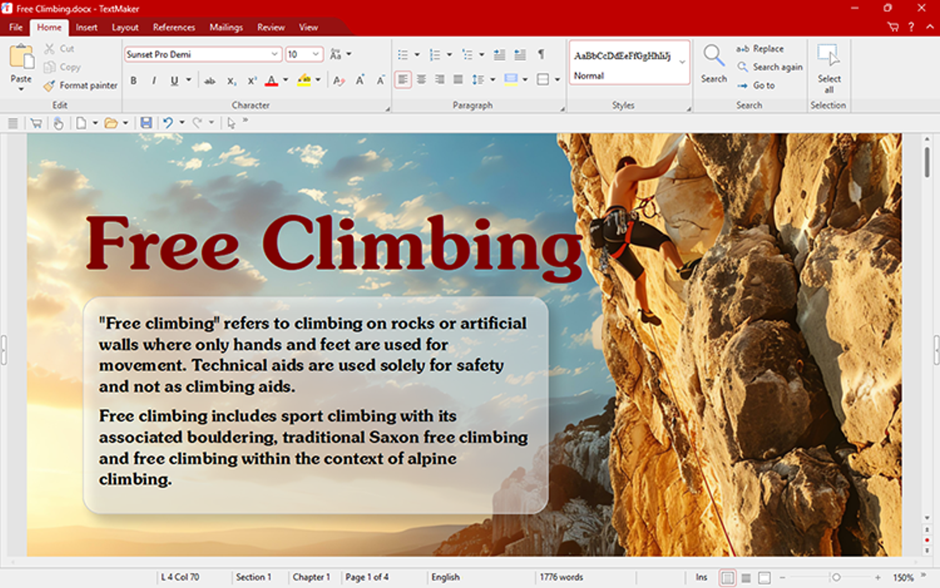 FreeOffice TextMaker on Windows showing a brochure document and ribbon editing controls