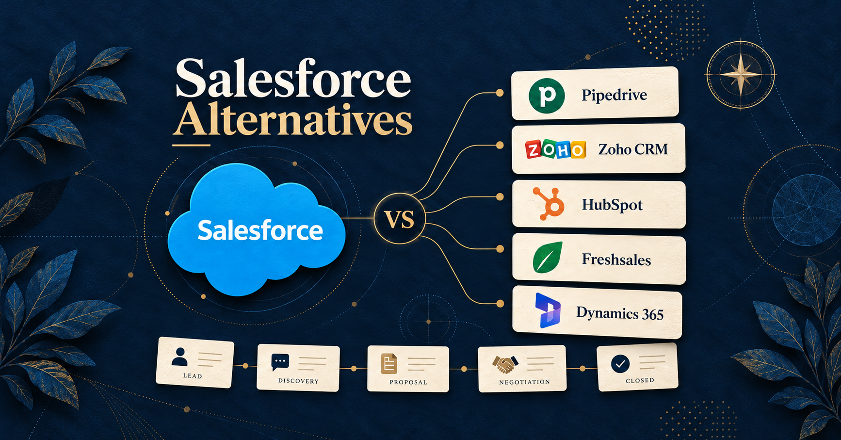Salesforce cloud connected to five labeled cards for Pipedrive, Zoho CRM, HubSpot, Freshsales and Dynamics 365, above a decorative sales pipeline.