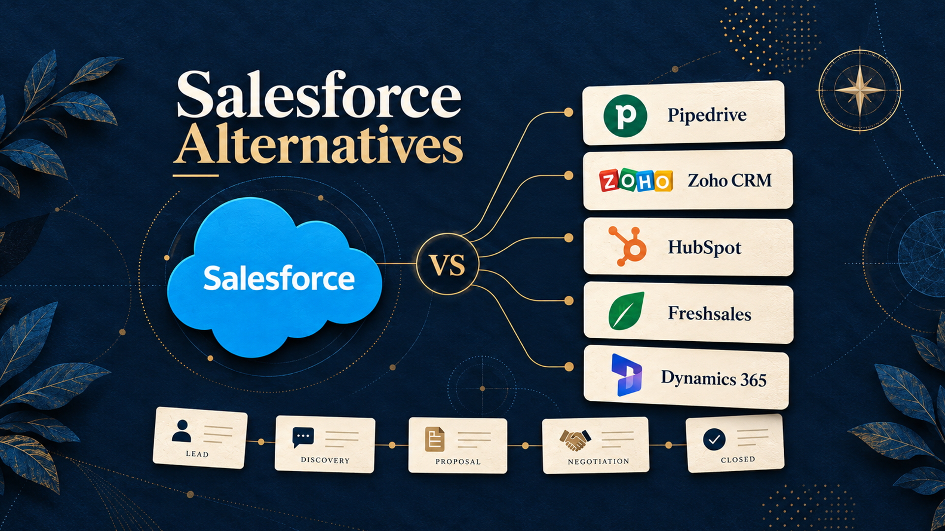 Salesforce cloud connected to five labeled cards for Pipedrive, Zoho CRM, HubSpot, Freshsales and Dynamics 365, above a decorative sales pipeline.