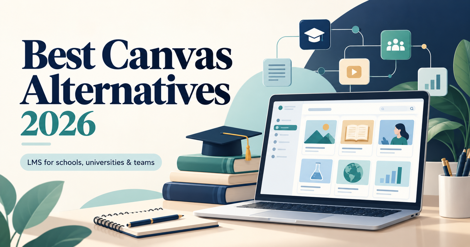 Canvas LMS alternatives in 2026 illustrated with a course dashboard, books, and a graduation cap