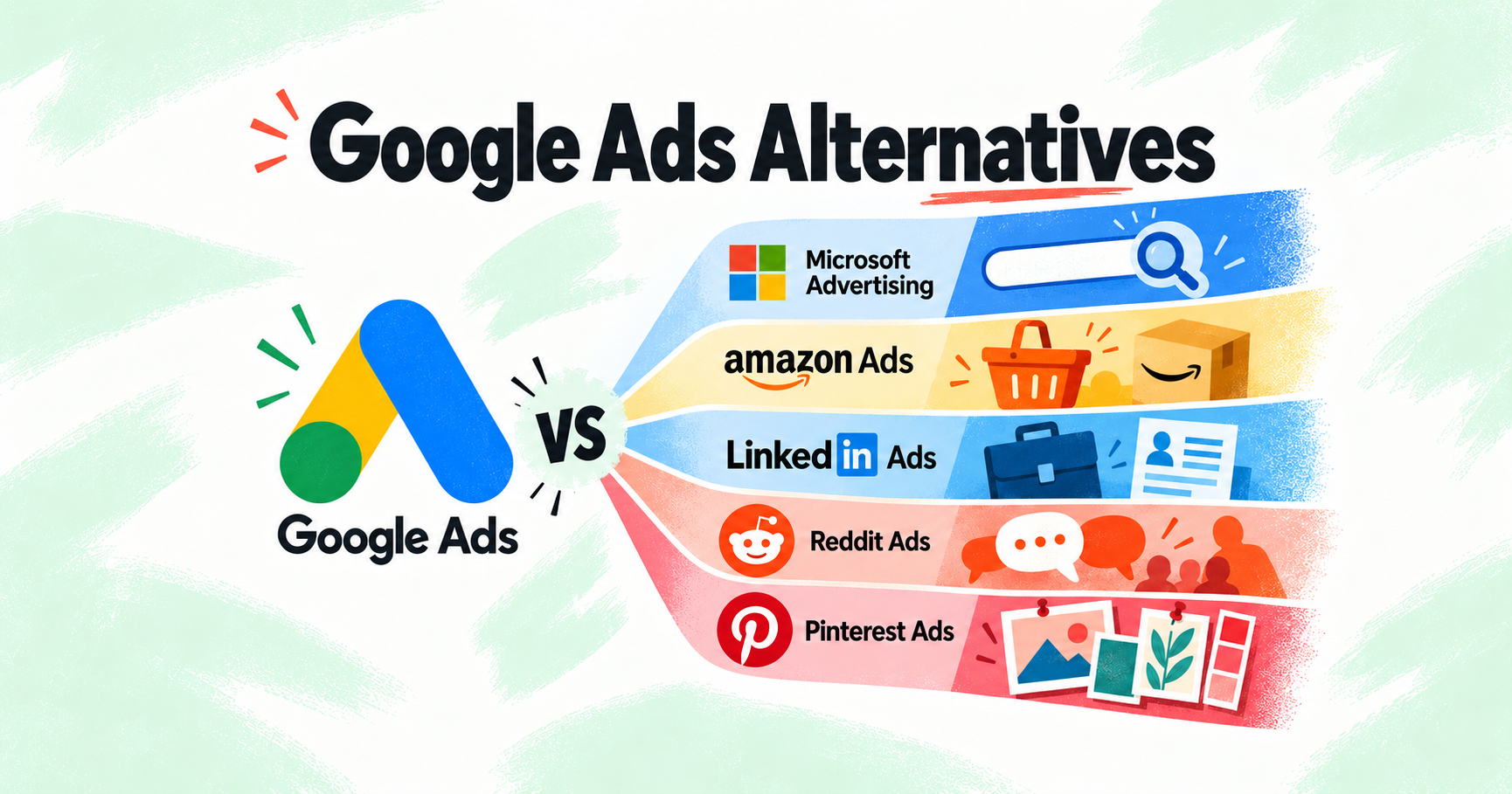 Google Ads symbol facing five labeled routes for Microsoft Advertising, Amazon Ads, LinkedIn Ads, Reddit Ads and Pinterest Ads with search, shopping, professional, conversation and visual motifs.