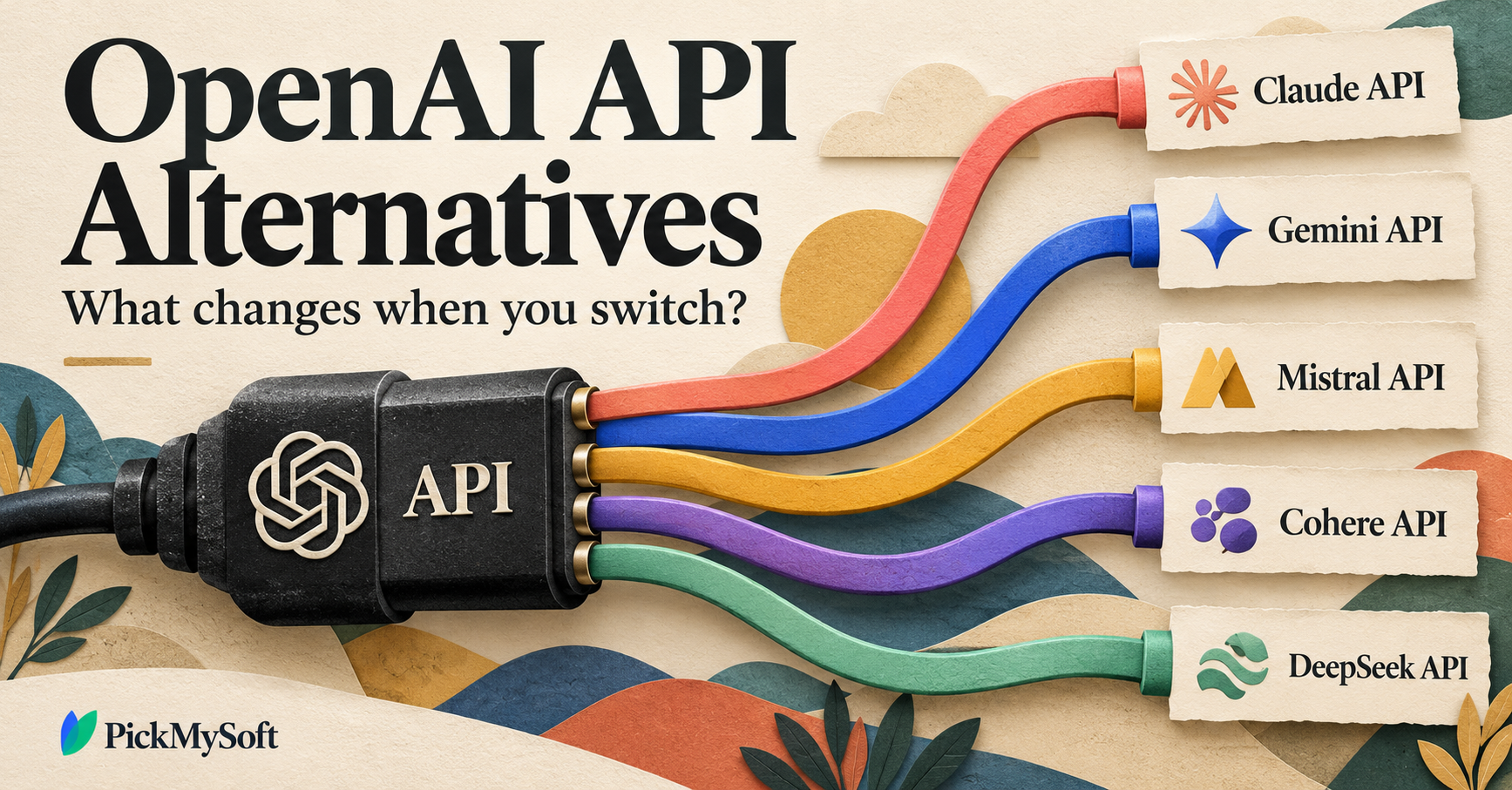Conceptual API connector with colourful cables leading to Claude, Gemini, Mistral, Cohere and DeepSeek labels.