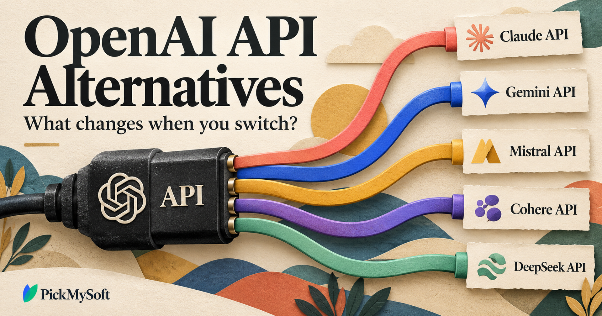 Conceptual API connector with colourful cables leading to Claude, Gemini, Mistral, Cohere and DeepSeek labels.