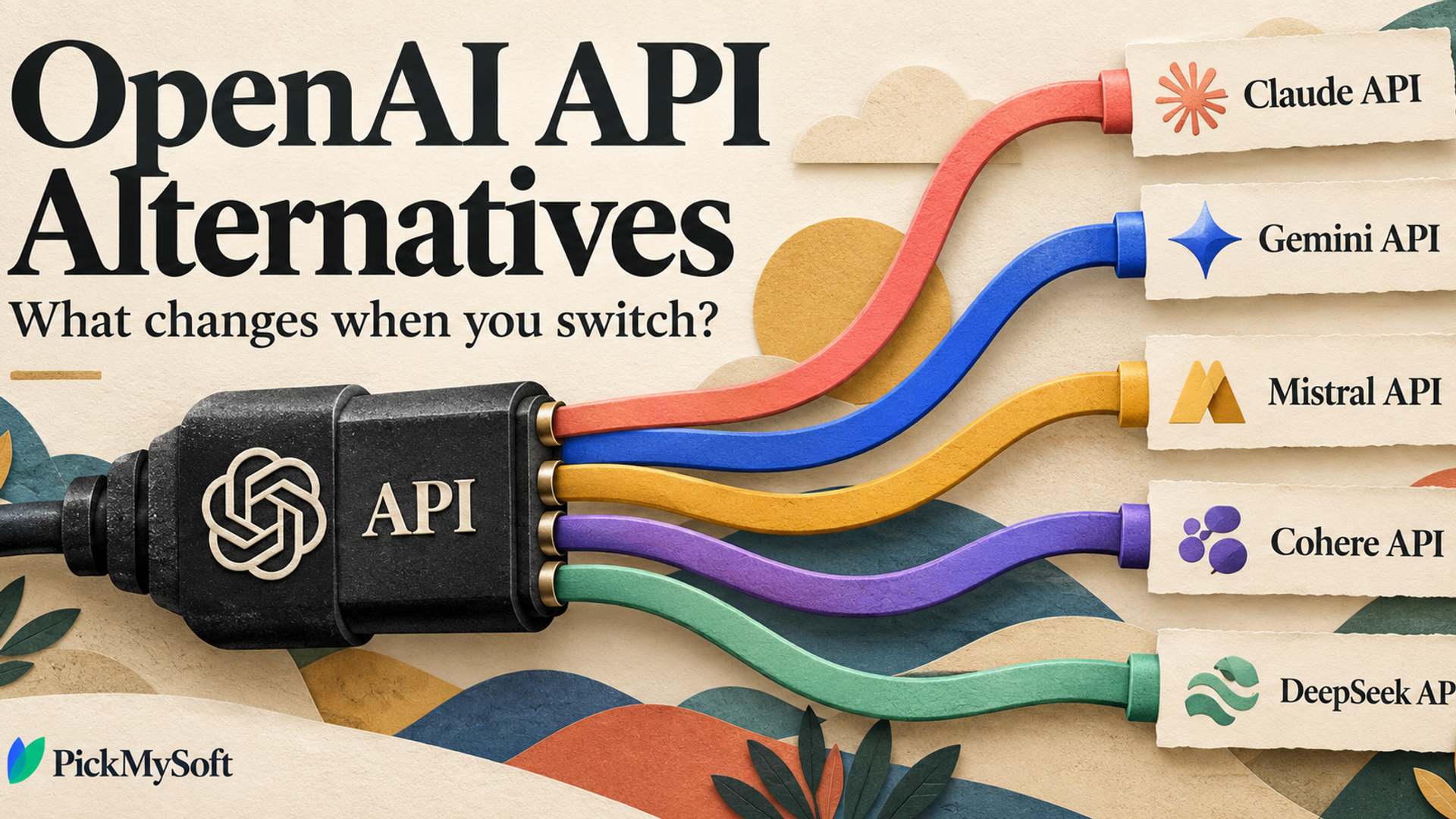 Conceptual API connector with colourful cables leading to Claude, Gemini, Mistral, Cohere and DeepSeek labels.