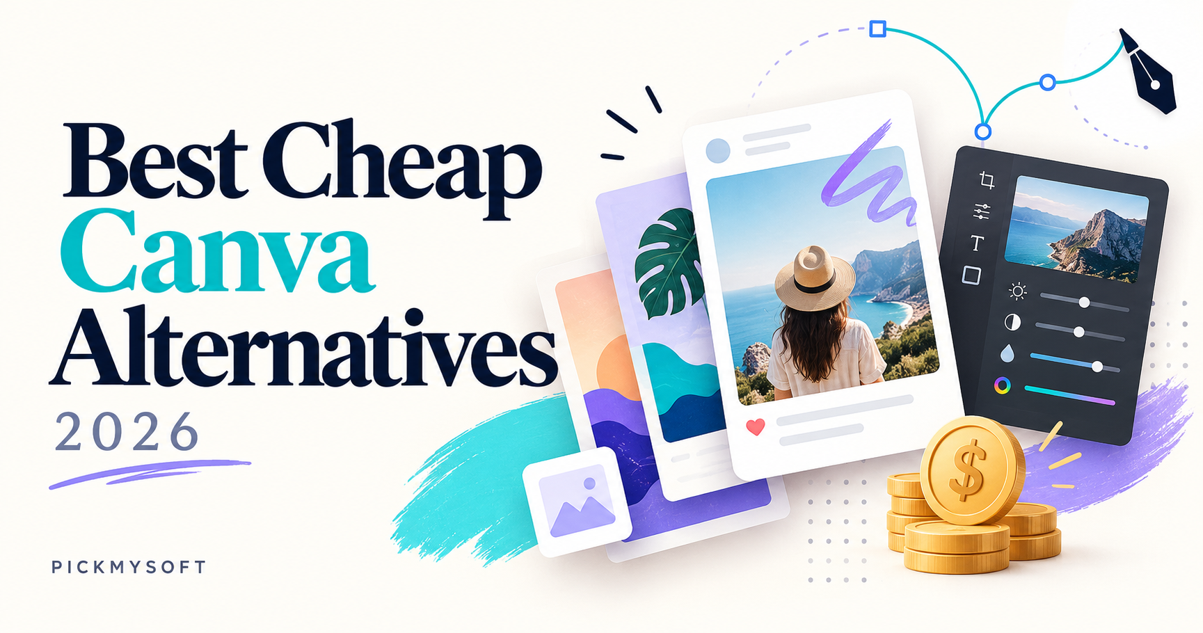 Graphic design canvases, photo editing tools, vector paths, and coins illustrating cheap Canva alternatives in 2026