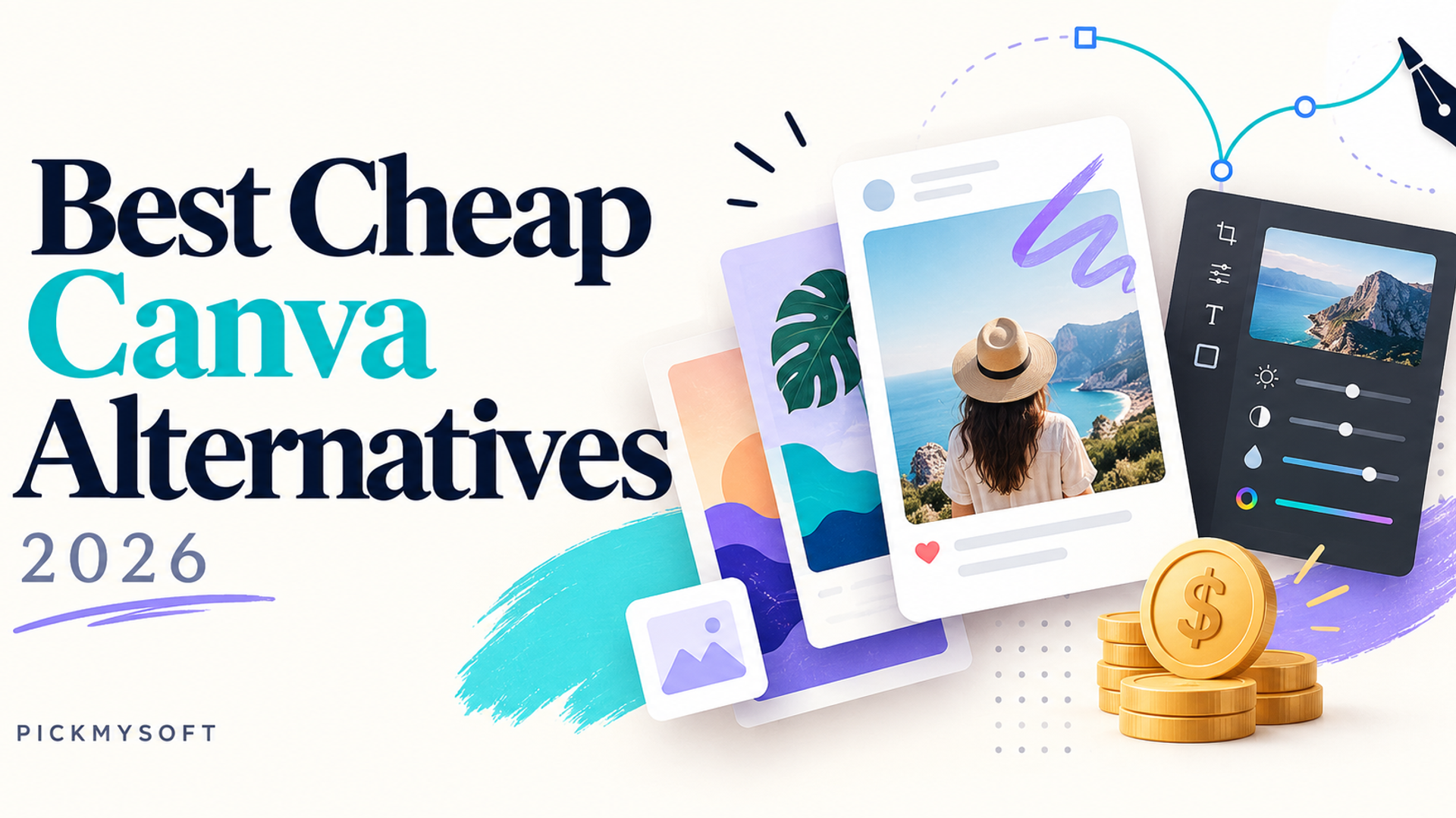 Graphic design canvases, photo editing tools, vector paths, and coins illustrating cheap Canva alternatives in 2026