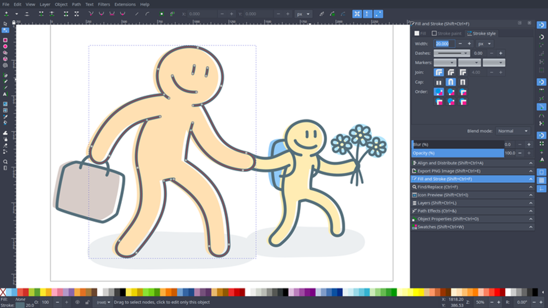 Inkscape vector editor showing a school-themed illustration and drawing controls