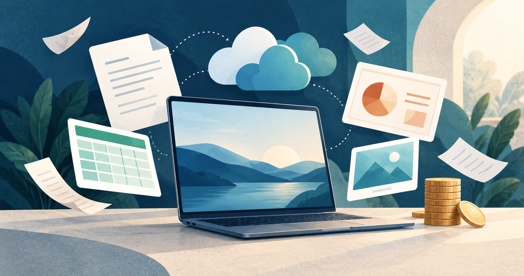 Laptop surrounded by documents, a spreadsheet, presentation slides, clouds, and coins illustrating affordable Microsoft 365 alternatives