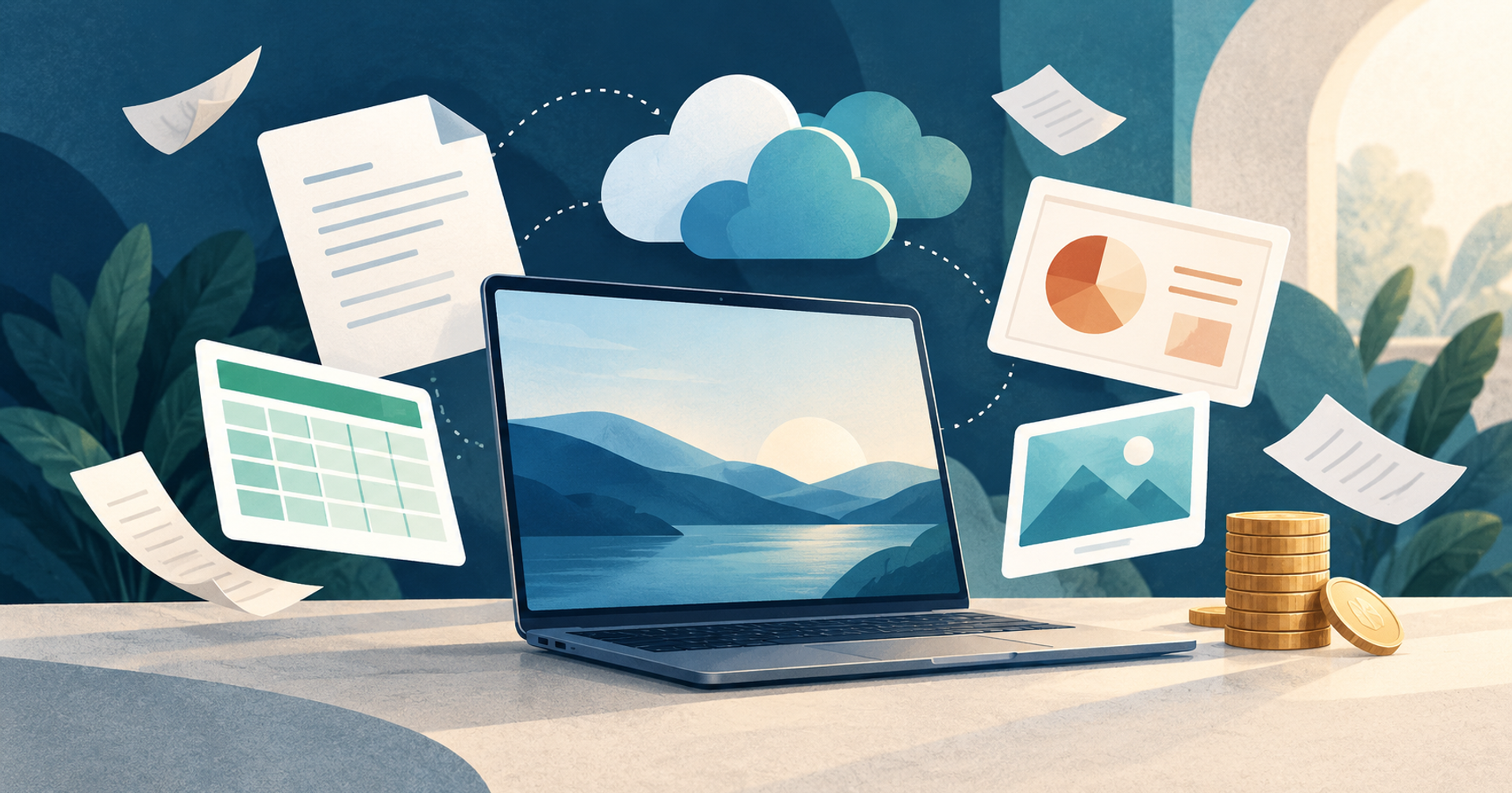 Laptop surrounded by documents, a spreadsheet, presentation slides, clouds, and coins illustrating affordable Microsoft 365 alternatives