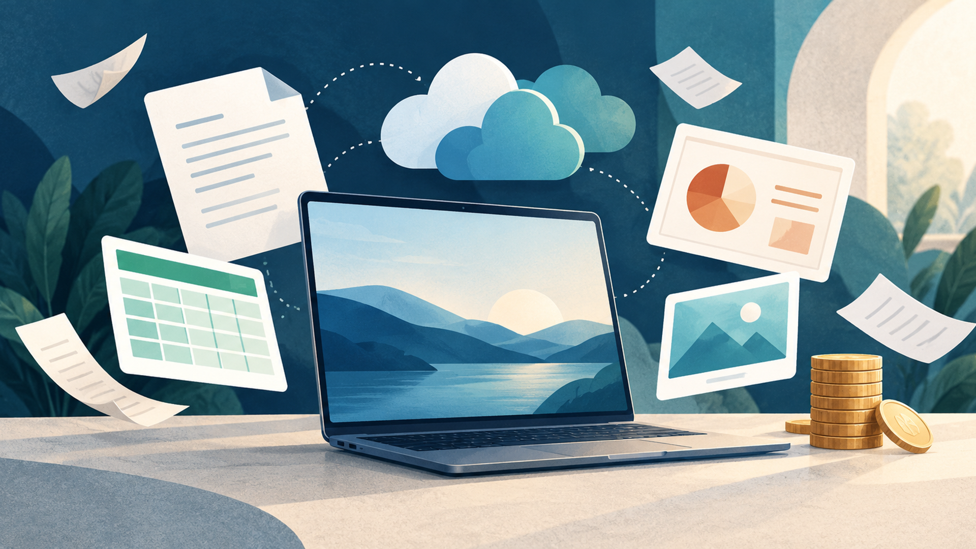 Laptop surrounded by documents, a spreadsheet, presentation slides, clouds, and coins illustrating affordable Microsoft 365 alternatives