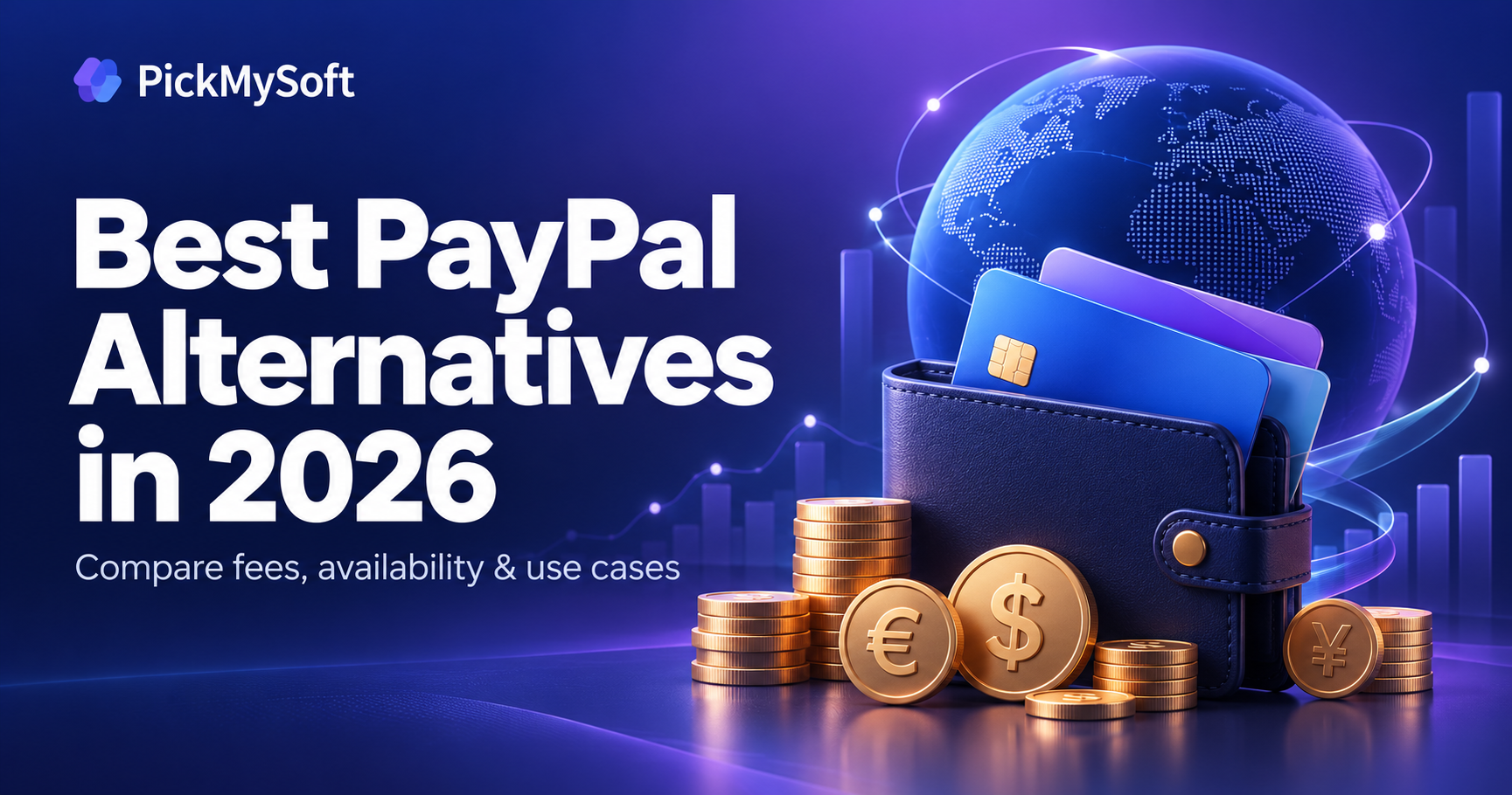 Best PayPal alternatives in 2026 illustrated with a wallet, bank cards, currency coins, and a globe