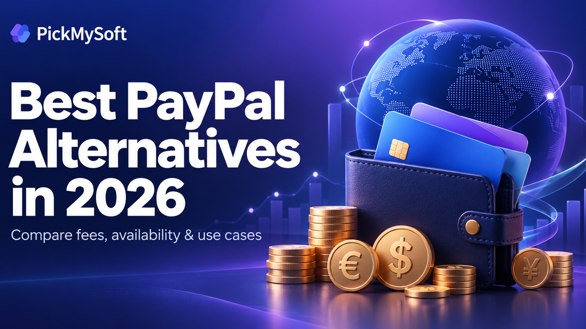Best PayPal alternatives in 2026 illustrated with a wallet, bank cards, currency coins, and a globe